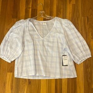 Melrose and Market Light Blue Plaid V-Neck Puff Sleeve Blouse NWT